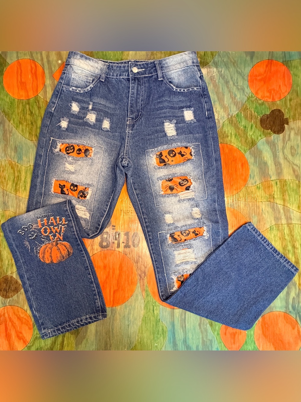 Womens M Distressed Denim Jeans Halloween Pumpkins Spiders 30 x 29 Web Ghost Cat